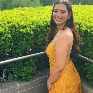 Mustard Fringe/Lace Spaghetti strapped Dress